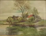 Continental School, Riverfront House with Red Roof, Oil on canvas