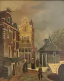 Cornelis Springer, The Visch Bridge over the Oude Rijn in Woerden, Oil on canvas. signed "P