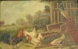 French School, Farmyard Scene with Cockerels and Peacock, Mixed media on board