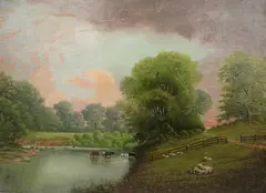 George Harris, Cattle Drinking, Oil on board