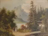 German School, Bavarian Landscape with Hunter and Dog, (for restoration), Oil on canvas