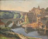 French School, Countryside Village by River with Roman Aqueduct, Oil on panel