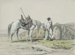 Zwei rastende Beduinen by Theodor Horschelt, Bleistift, weiß gehöht auf Karton, sold May 2024