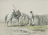 Theodor Horschelt, Zwei rastende Beduinen, Bleistift, weiß gehöht auf Karton