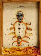 Tim Ernst, Maikäfer, 2010, Ölfarbe und Collage über entomologischem Präparat. Im Holzrahmen