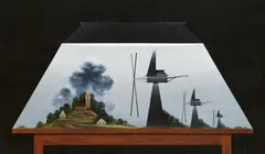 Titus Schade, "Modelltissch - Drei Windmühlen", 2016, Öl und Acryl auf Leinwand