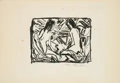 Otto Mueller, Ein sitzendes und ein kniendes Mädchen unter Blättern, 1920, Holzschnitt auf festem Velin