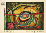 Friedensreich Hundertwasser, Die fünfte Augenwaage, 1971, Farbserigrafie mit Metallprägung auf leichtem Karton