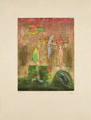 Roberto Matta, Les Poids des Poissons, 1981, Farbaquatinta auf Japan