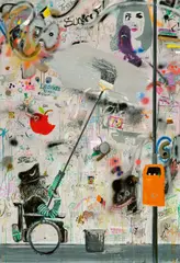 Moritz Schleime, "Yuppie Du!", 2008, Öl, Edding und Sticker auf Leinwand