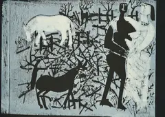 Winterlandschaft by HAP Grieshaber, 1965, Farbholzschnitt auf schwarzem Halbkarton, sold May 2024