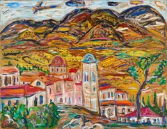Diether Kunerth, "Kloster in Griechenland Ossio Loukas", 1977, Acryl auf Spanplatte