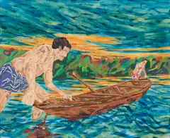SEO, "Die Heimkehr der Fischer ins Paradies II", 2004, Acryl, Aquarell und Papiercollage auf Leinwand