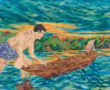 SEO, "Die Heimkehr der Fischer ins Paradies II", 2004, Acryl, Aquarell und Papiercollage auf Leinwand