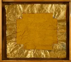 Winfried Muthesius, Ohne Titel, Öl und Goldfarben auf Bütten, collagiert in Schaukasten, im Inneren goldfarben gefasst