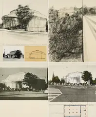 Christo, Wrapped Kunsthalle Bern, 1972, Mappe mit 4 Serigrafien, teilweise mit Collage, auf leichtem Karton. Mit der originalen Kassette mit Kordel