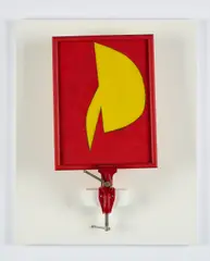 Klaus Rinke, "Sonnenbrand II", 1984, Acryl auf Leinwandkarton, in bemaltem Holzrahmen, bemalter Schraubstock auf Holzplatte