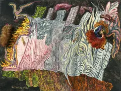 Ursula Schultze-Bluhm, "Skyline mit Vogeltier", 1980, Öl, Fasanenkopf, Pelz, Zähne, Münzen und Perlen auf Leinwand