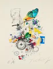Jean Tinguely, Tudor, 1975, Farboffsetlithografie, Farbserigrafie, gelbe Feder, collagiert auf Karton