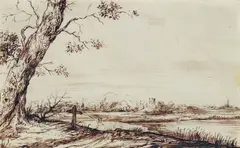 Jan Lievens, Flusslandschaft mit Baum und Kreuz, Um 1655-65, Federzeichnung auf Pergament