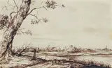 Jan Lievens, Flusslandschaft mit Baum und Kreuz, Um 1655-65, Federzeichnung auf Pergament