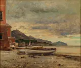 Heinrich Hermanns, Fischerboote am oberitalienischen See, Öl auf Leinwand