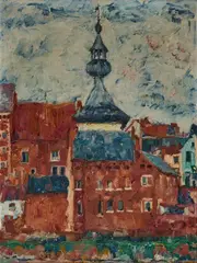 Josef Urbach, Stadtansicht mit Kirchturm, Öl auf Leinwand