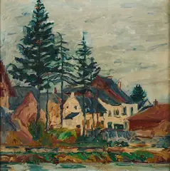 Josef Urbach, Häuser am Fluss, Öl auf Leinwand