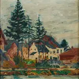 Josef Urbach, Häuser am Fluss, Öl auf Leinwand