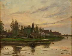 Helmuth Liesegang, Dorf am Fluss, Öl auf Leinwand