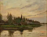 Helmuth Liesegang, Dorf am Fluss, Öl auf Leinwand