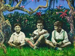Drei Jungen mit Affenbaby by Sebastian Meschenmoser, 2007, Öl und Acryl auf Leinwand, sold Mar 2024