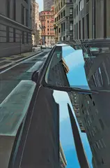 Downtown by Richard Estes, 2002, Öl auf Holz, sold Jun 2024