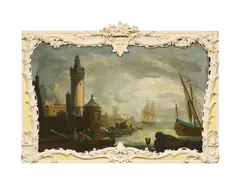 Segelschiffe und Fischer vorm Hafen by Niederländische Schule, Öl auf Leinwand, sold Jan 2025