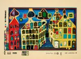 Friedensreich Hundertwasser, Mit der Liebe warten tut weh, wenn die Liebe woanders ist, 1971/1972, Farbserigrafie, teilweise phosphoreszierend, und Metallprägungen auf SCHOELLER STERN (Trockenstempel)