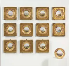 Kpm, Außergewöhnliche Folge von zwölf Tellern mit romantischen Rheinansichten, 1837-1844, Porzellan, farbig und Gold dekoriert. Jeweils in passenden Rahmen montiert