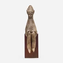 Gregory Kavalec, Seated Medieval Figure, c. 1980, glazed ceramic, wood