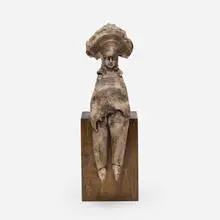 Gregory Kavalec, Seated Medieval Figure, c. 1980, glazed ceramic, wood