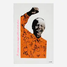 Bambi, Nelson Mandela, 2012, stenciled spray paint hand-colored with acrylic, watercolor and glitter