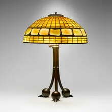 Turtleback table lamp by Tiffany Studios, c. 1910, leaded glass, Favrile glass, patinated bronze, sold Apr 2025
