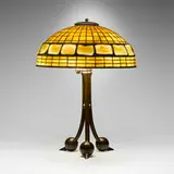 Turtleback table lamp by Tiffany Studios, c. 1910, leaded glass, Favrile glass, patinated bronze, sold Apr 2025
