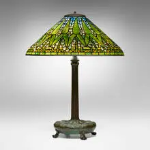 Tiffany Studios, Arrowroot table lamp, c. 1910, leaded glass, patinated bronze