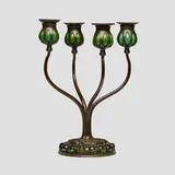 Jeweled candelabrum by Tiffany Studios, c. 1900, patinated bronze, hand-blown glass, Favrile glass, sold Apr 2025