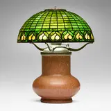 Kennard Bigelow & Co., Lemon Leaf table lamp, c. 1900, leaded glass, glazed stoneware, patinated bronze