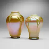 Decorated vases, set of two by Tiffany Studios, c. 1900, hand-blown Favrile glass, sold Apr 2025