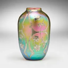 Vase with overlay by Quezal, c. 1910, hand-blown glass, silver, sold Apr 2025