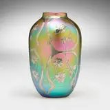 Quezal, Vase with overlay, c. 1910, hand-blown glass, silver