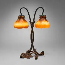 Galle, Art Nouveau table lamp, c. 1900, wrought iron, acid-etched cameo glass, patinated brass