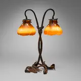 Galle, Art Nouveau table lamp, c. 1900, wrought iron, acid-etched cameo glass, patinated brass