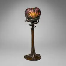 Tulip shade by Daum, c. 1900, acid-etched and martelé cameo glass, patinated bronze, sold Apr 2025